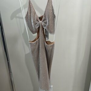 Alice + Olivia Backless Mesh Dress in Cream and Tan